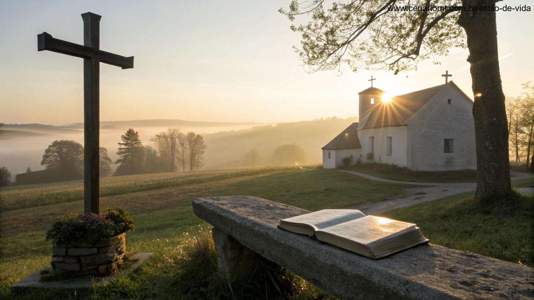 Imagem de uma igreja campestre ao amanhecer com uma Bíblia aberta, representando a Palavra de Deus para a segunda-feira