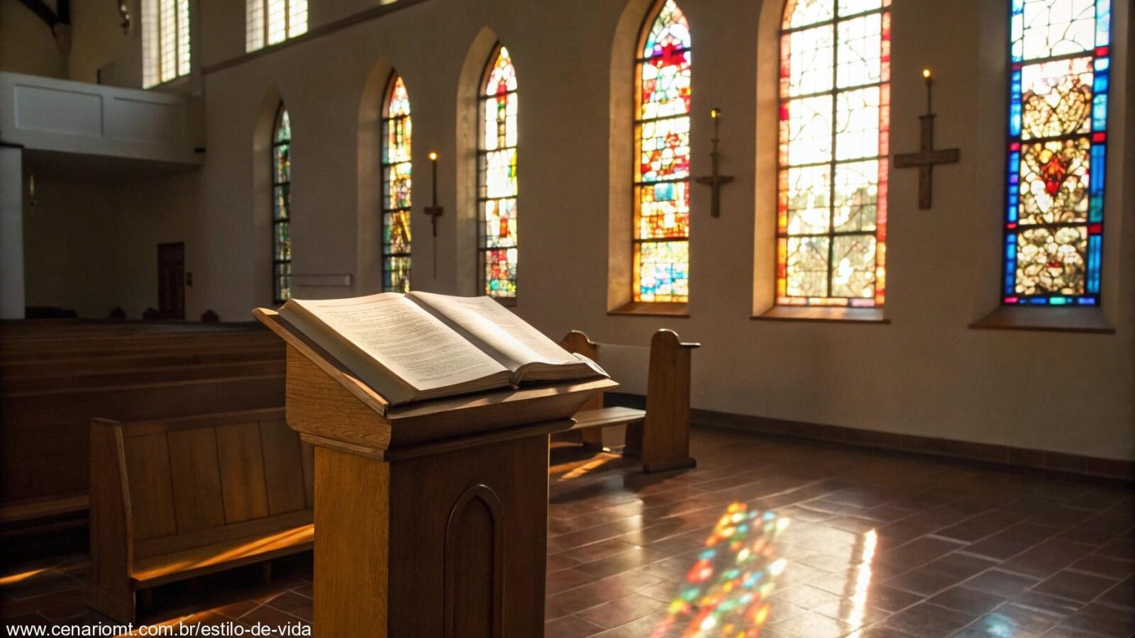 Imagem de uma capela tranquila com luz da manhã e uma Bíblia aberta, representando a Liturgia do Dia 05/05/2025
