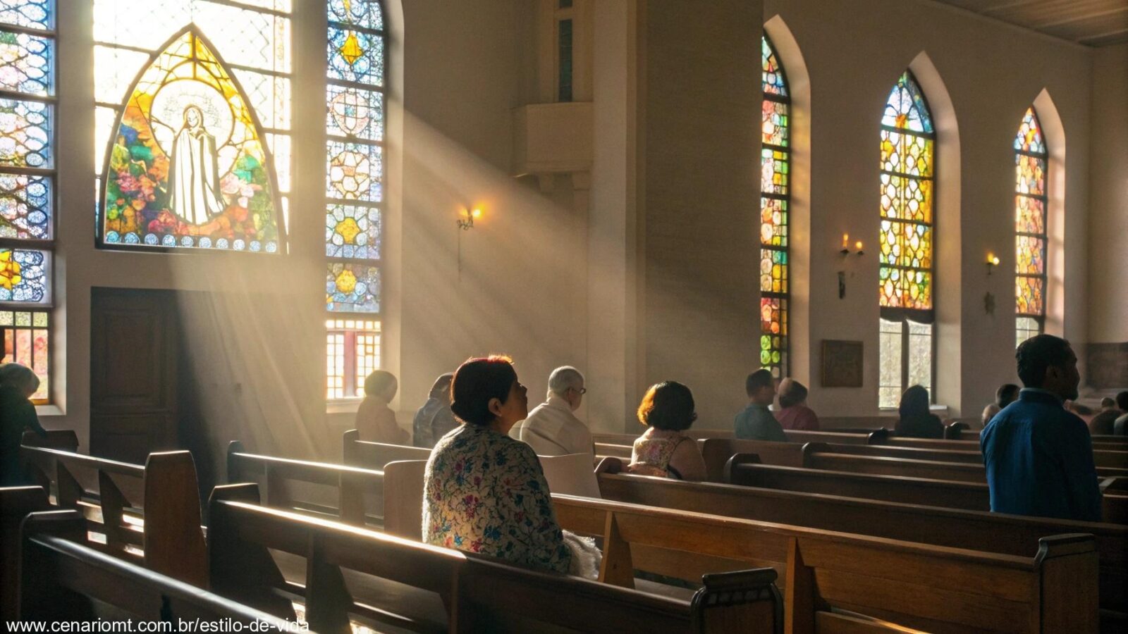 Ilustração de uma igreja serena com fiéis em oração na manhã de 12 de maio de 2025