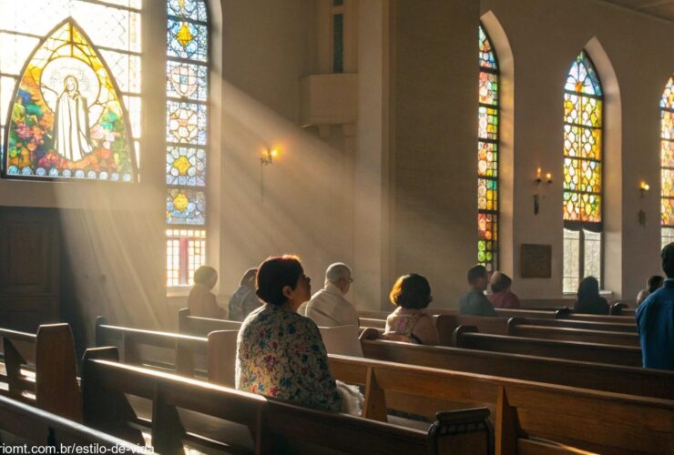 Ilustração de uma igreja serena com fiéis em oração na manhã de 12 de maio de 2025