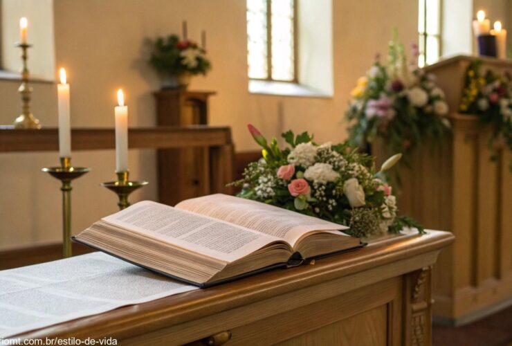 Interior de uma igreja serena iluminada pela luz da manhã, com uma Bíblia aberta sobre o altar de madeira, velas acesas e flores frescas ao redor