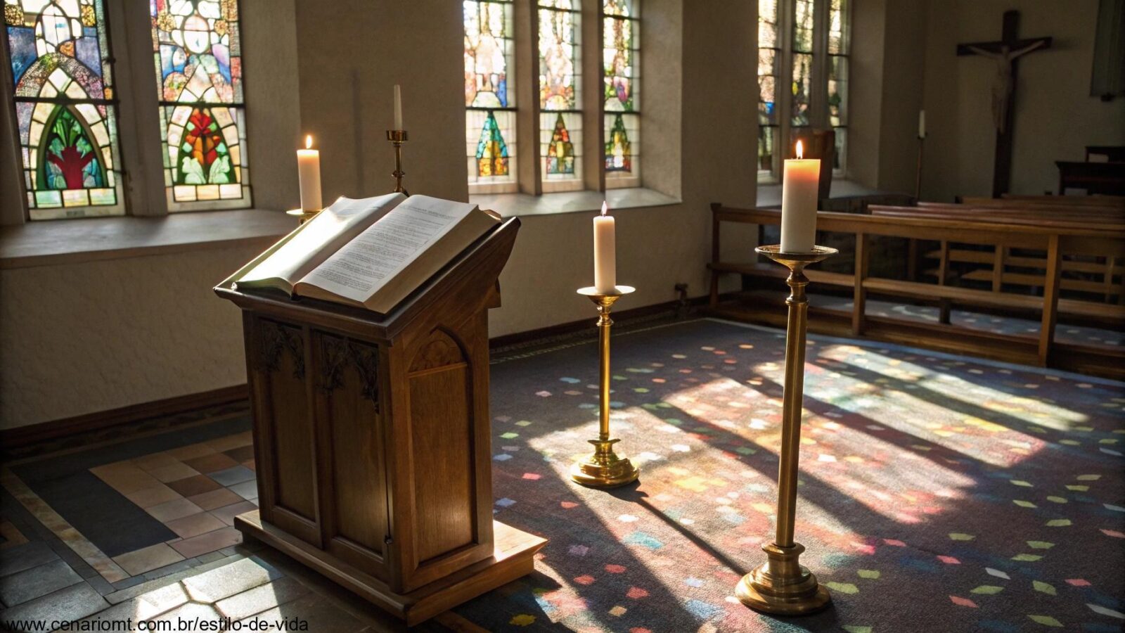 Interior de uma igreja iluminada por vitrais, com uma Bíblia aberta em um púlpito de madeira e velas acesas ao redor, simbolizando a liturgia do dia 14/05/2025