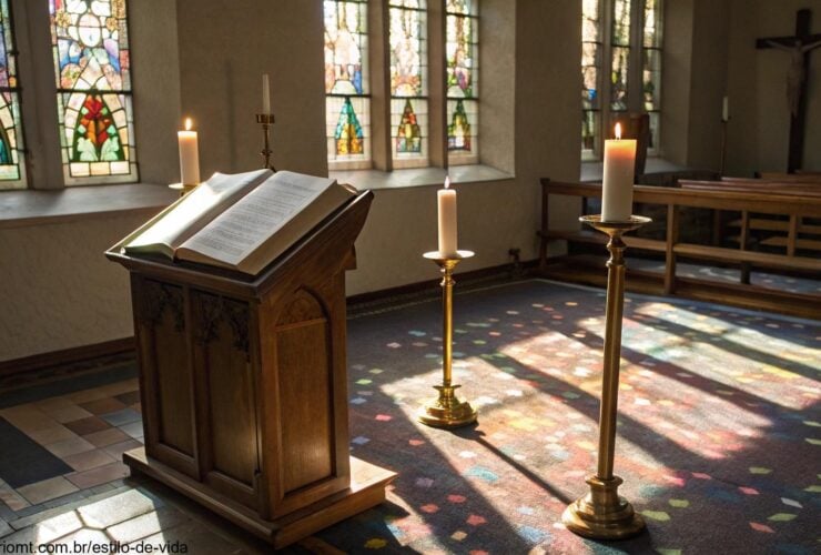 Interior de uma igreja iluminada por vitrais, com uma Bíblia aberta em um púlpito de madeira e velas acesas ao redor, simbolizando a liturgia do dia 14/05/2025