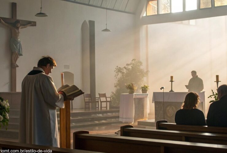 Interior de uma igreja iluminada pela luz da manhã, com um padre lendo o Evangelho e fiéis em oração silenciosa