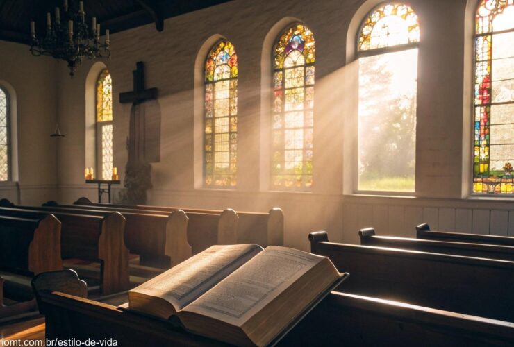 Interior de uma capela iluminada pela manhã com Bíblia aberta no altar