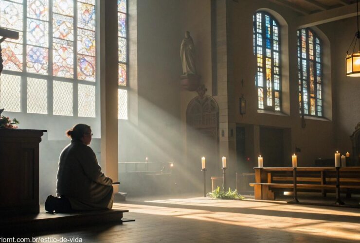 Pessoa meditando em uma igreja iluminada pela luz do amanhecer
