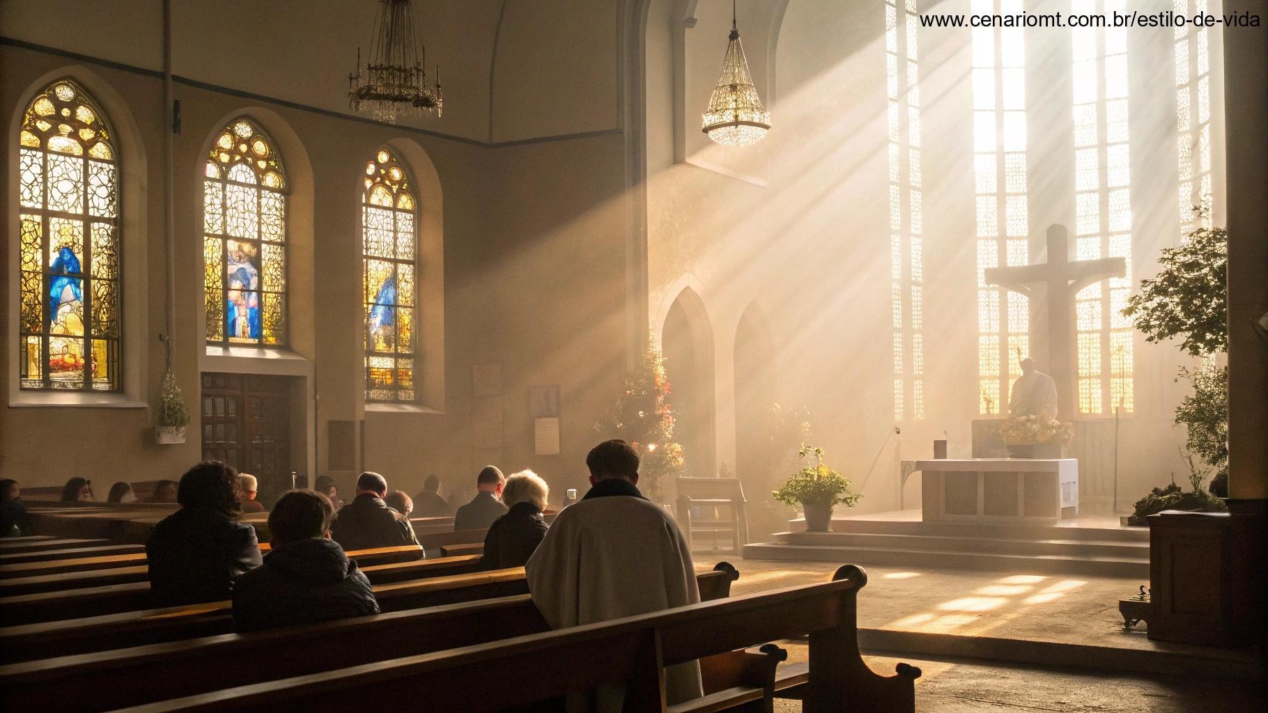 Imagem do interior de uma igreja durante a missa da manhã, com luz entrando pelas janelas, simbolizando o começo do dia com oração e reflexão, criando um ambiente pacífico e espiritual.