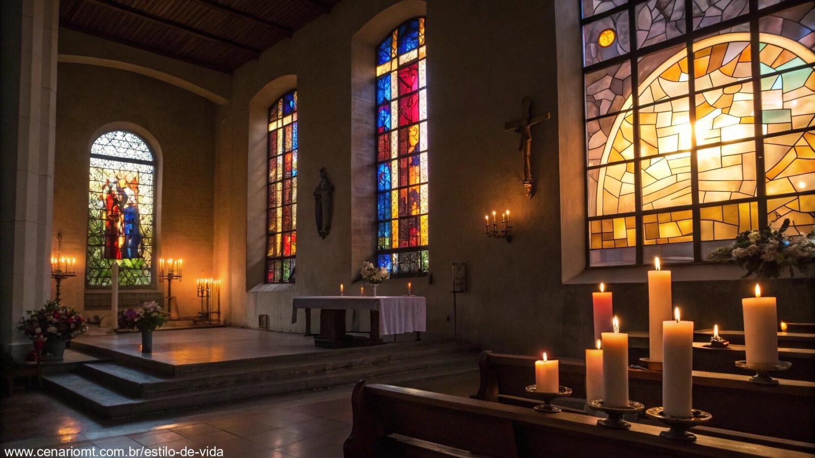 Imagem de uma igreja tranquila com luz suave filtrando através de vitrais, uma bíblia aberta no altar, velas acesas e uma atmosfera serena, evocando reflexão e oração para o dia.