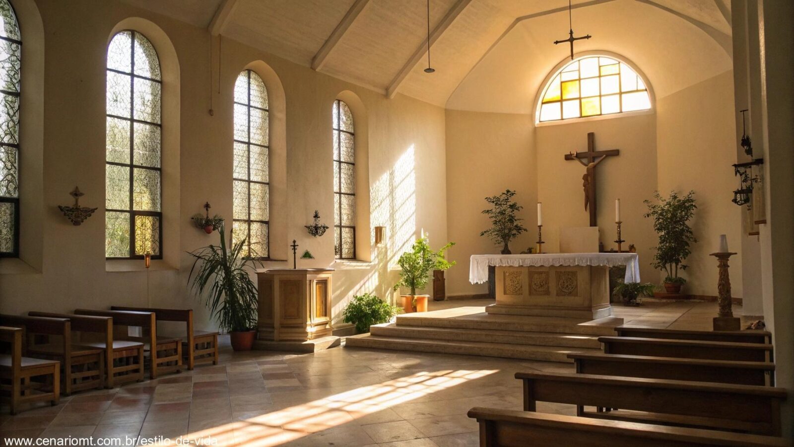 Igreja tranquila para reflexão e oração sobre a Liturgia do Dia: Quinta-feira, 08 de maio de 2025.