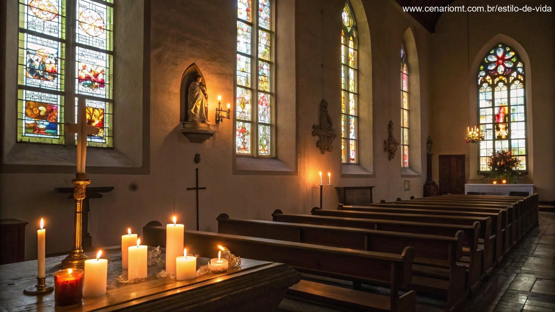 Interior tranquilo de uma igreja com velas acesas e luz suave entrando pelas janelas de vitral.
