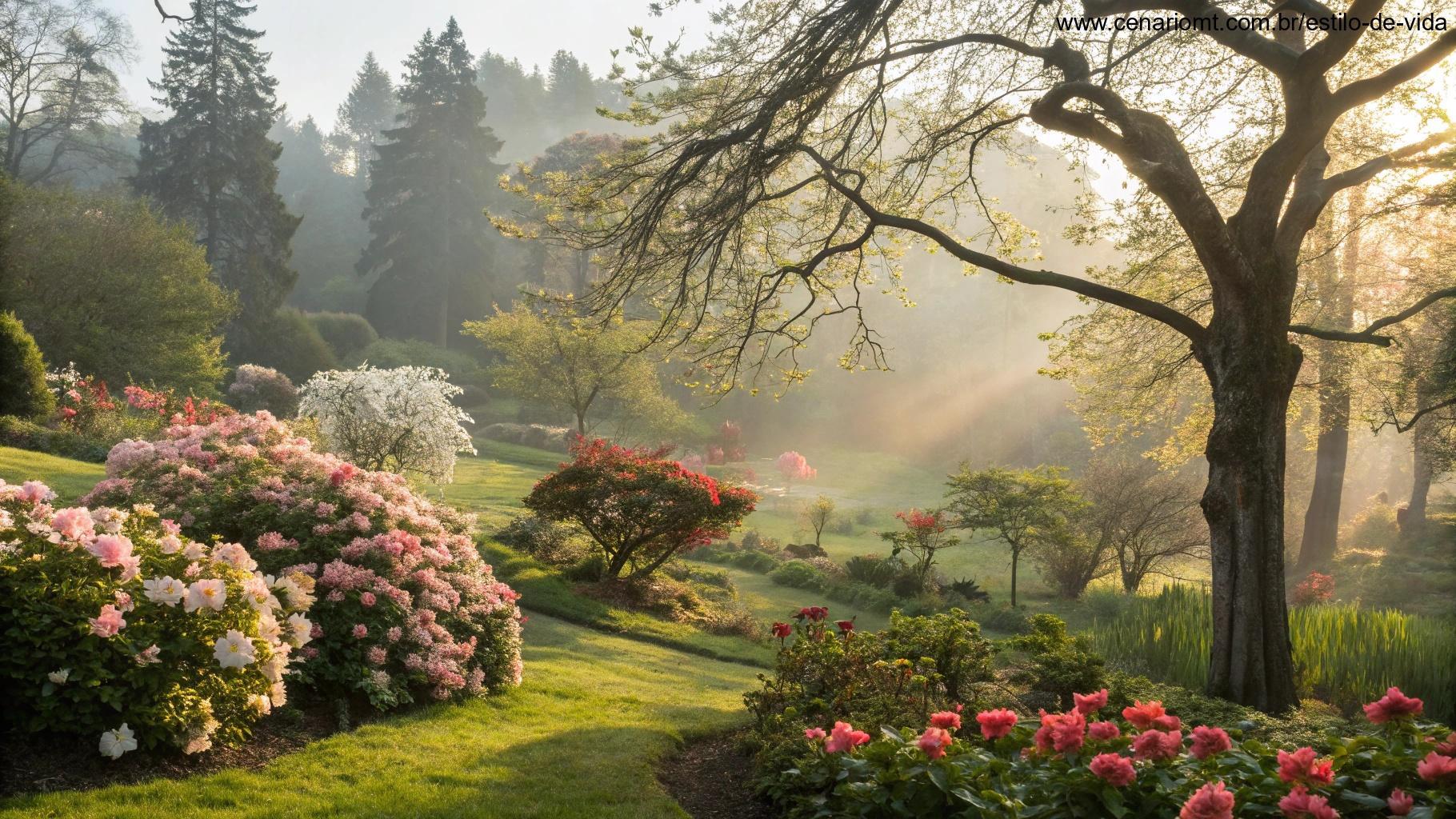 Um jardim tranquilo com flores desabrochando e luz suave, criando uma sensação de calor e amor para o Dia das Mães.