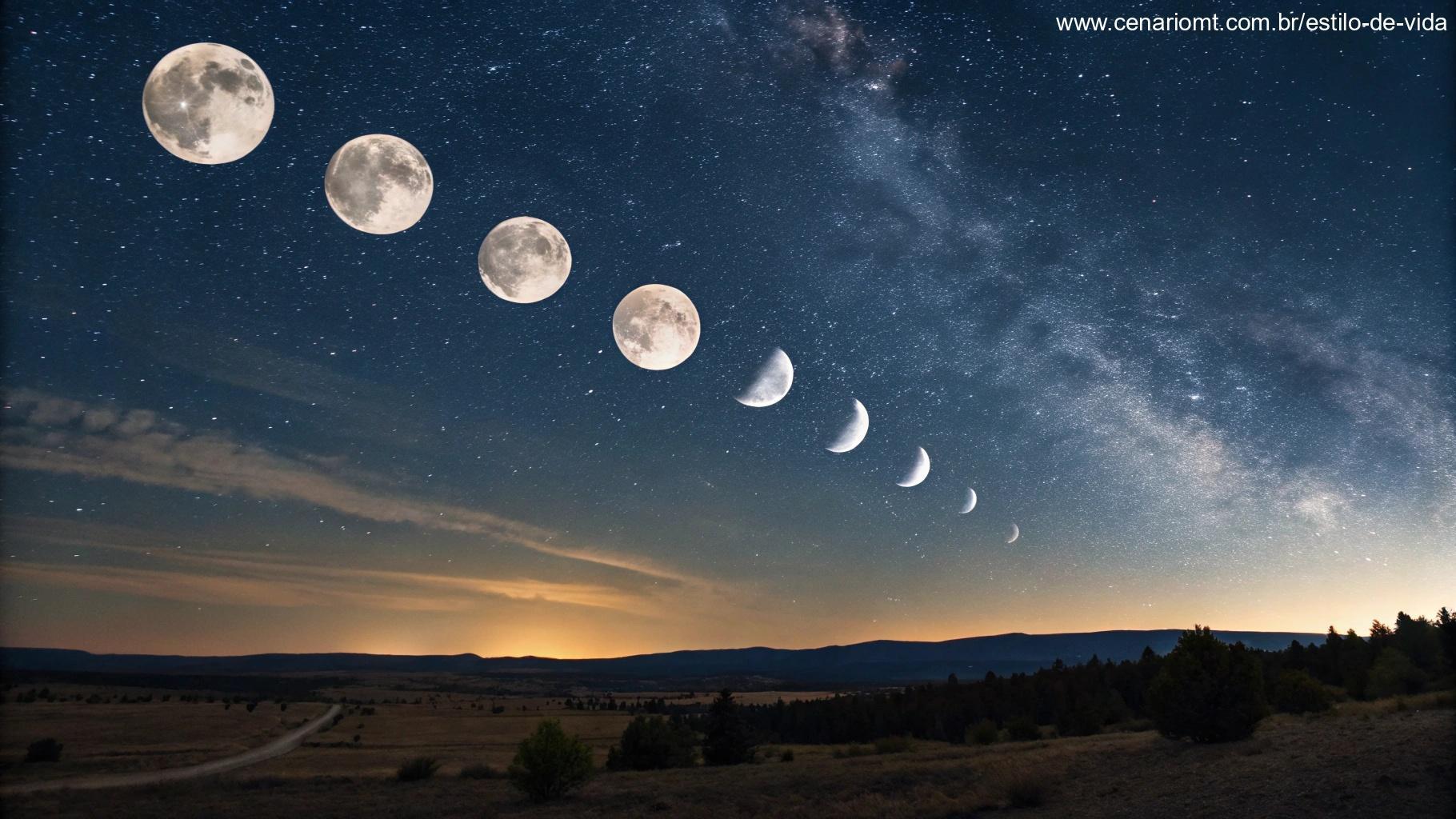 Ciclo lunar da semana representado pelas fases da Lua no céu com estrelas ao fundo