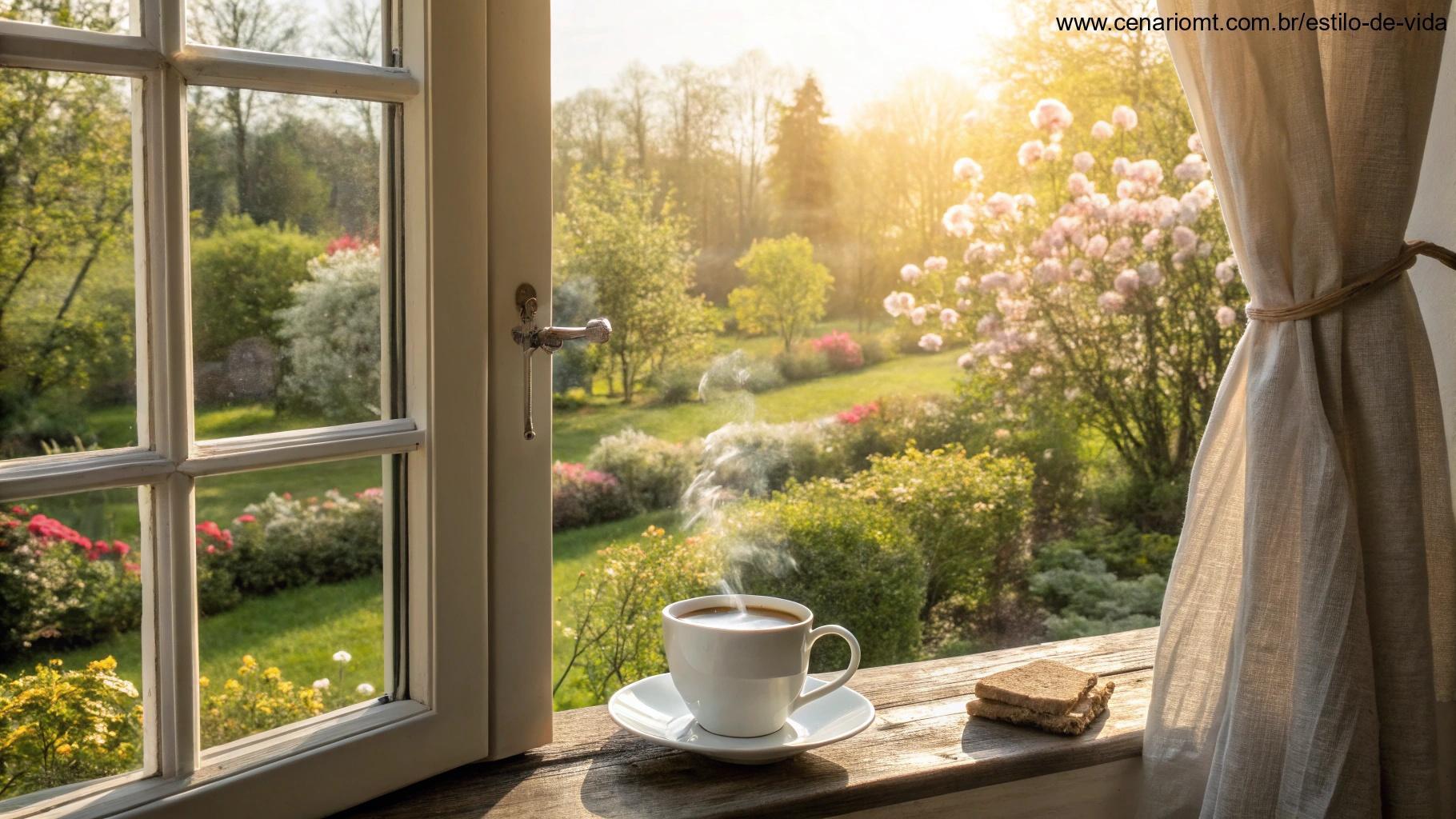 Imagem de uma xícara de café em uma mesa aconchegante ao lado de uma janela, com vista para um jardim ensolarado, representando motivação e energia positiva para a semana
