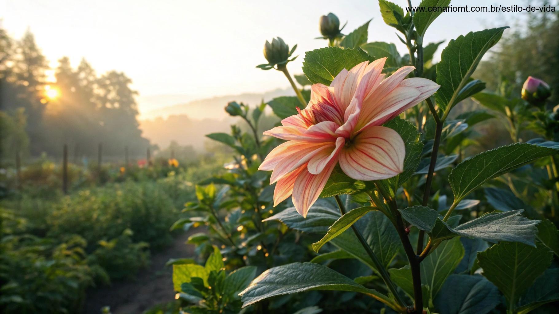 Imagem vibrante de uma flor desabrochando no jardim, banhada pela luz da manhã, simbolizando esperança e positividade.