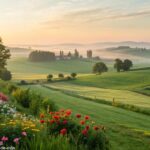 Cenário de manhã tranquila com o nascer do sol, luz suave iluminando uma paisagem calma com flores vibrantes, campos verdes e uma brisa refrescante, simbolizando energia positiva e um novo começo.