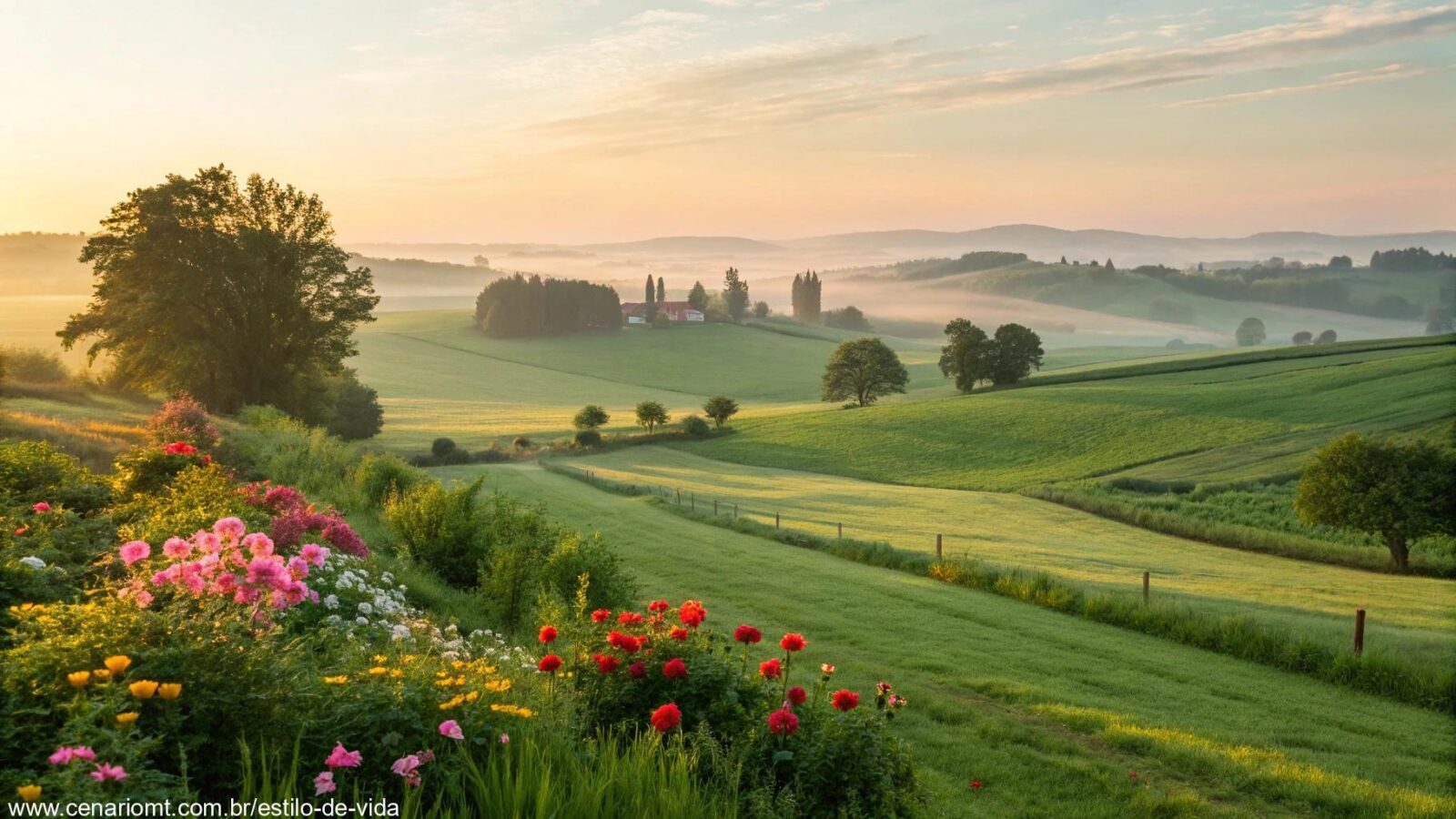 Cenário de manhã tranquila com o nascer do sol, luz suave iluminando uma paisagem calma com flores vibrantes, campos verdes e uma brisa refrescante, simbolizando energia positiva e um novo começo.