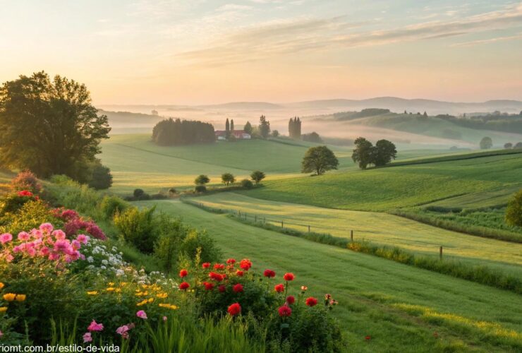 Cenário de manhã tranquila com o nascer do sol, luz suave iluminando uma paisagem calma com flores vibrantes, campos verdes e uma brisa refrescante, simbolizando energia positiva e um novo começo.