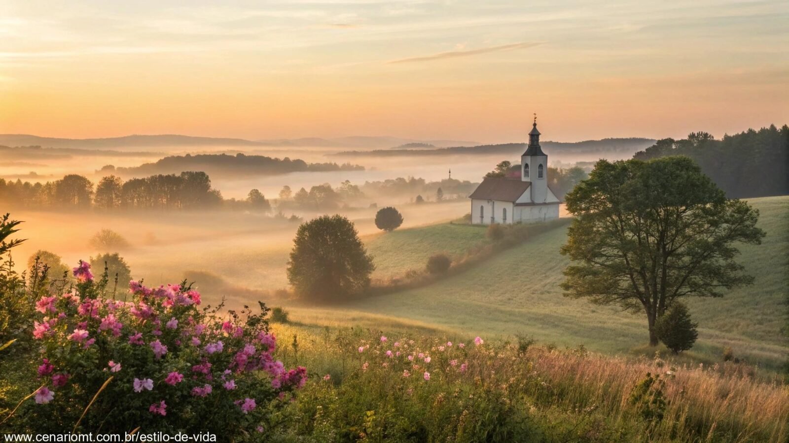 Imagem de um nascer do sol tranquilo no campo com uma capela ao fundo e flores ao redor