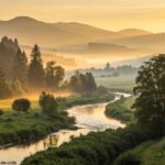 Uma paisagem tranquila ao amanhecer com um rio calmo e vegetação ao redor.