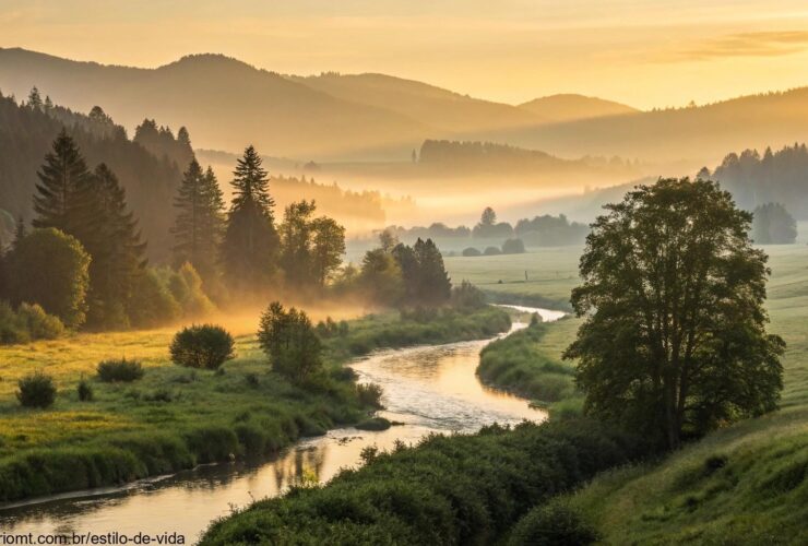 Uma paisagem tranquila ao amanhecer com um rio calmo e vegetação ao redor.