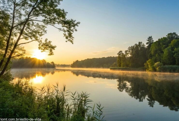 Nascer do sol tranquilo sobre um lago calmo com luz dourada refletindo na água, cercado por árvores verdes e um céu azul