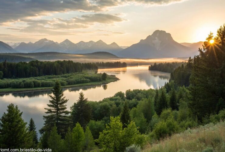 paisagem serena e tranquila com o sol nascendo sobre um lago calmo, cercado por uma vegetação exuberante e montanhas distantes, transmitindo uma sensação positiva e abençoada para a manhã de quarta-feira