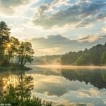 Paisagem tranquila e serena pela manhã com luz suave do sol passando pelas árvores e um lago calmo.
