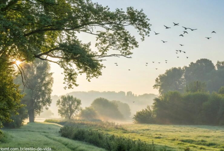 Imagem de uma manhã serena e abençoada com luz suave e natureza tranquila