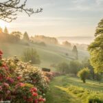 paisagem tranquila de manhã de sábado com sol brilhando entre árvores e flores
