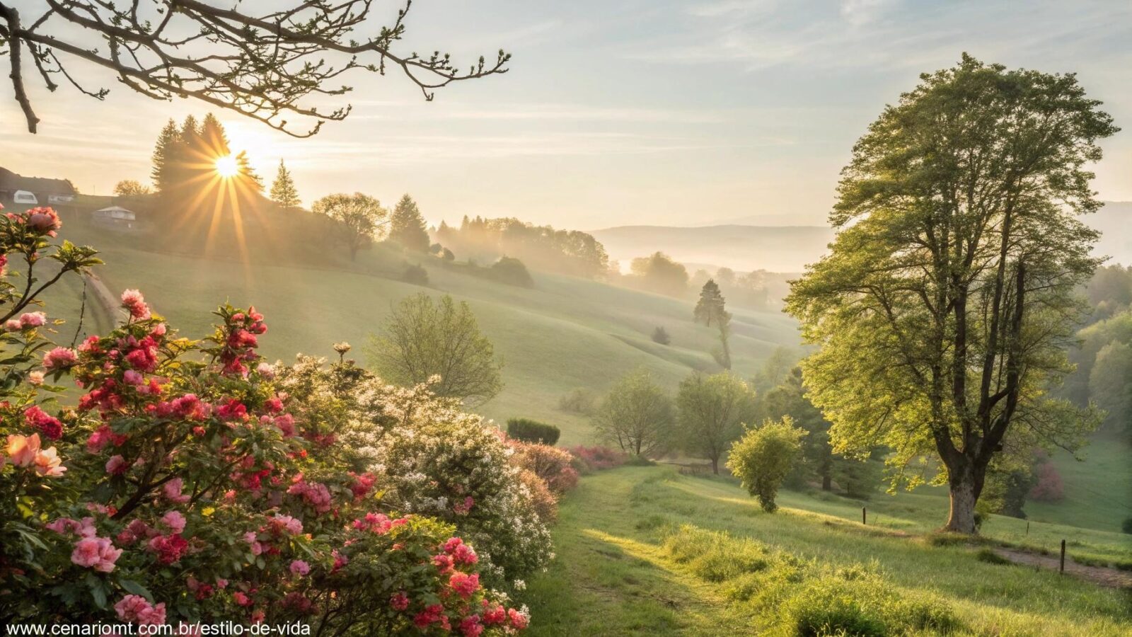 paisagem tranquila de manhã de sábado com sol brilhando entre árvores e flores