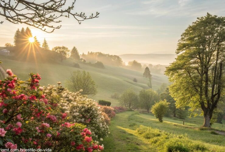 paisagem tranquila de manhã de sábado com sol brilhando entre árvores e flores