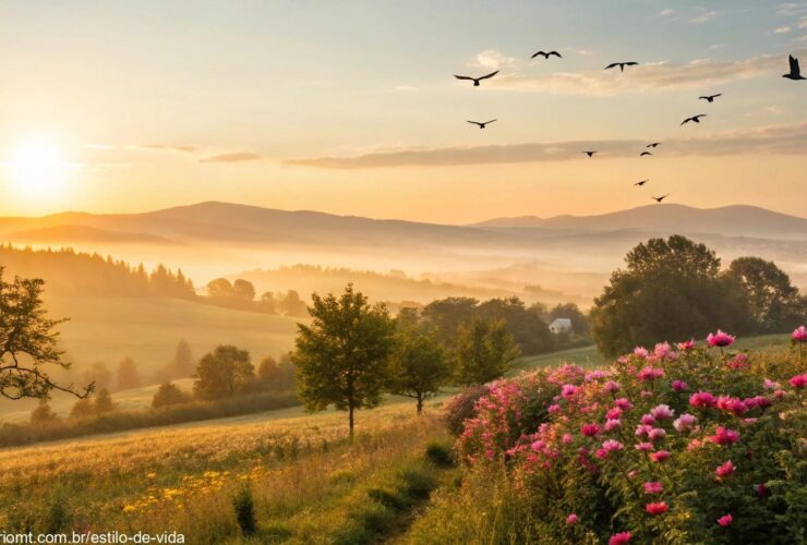 Imagem de uma manhã ensolarada e tranquila, com luz suave, flores e pássaros, representando um sábado abençoado.