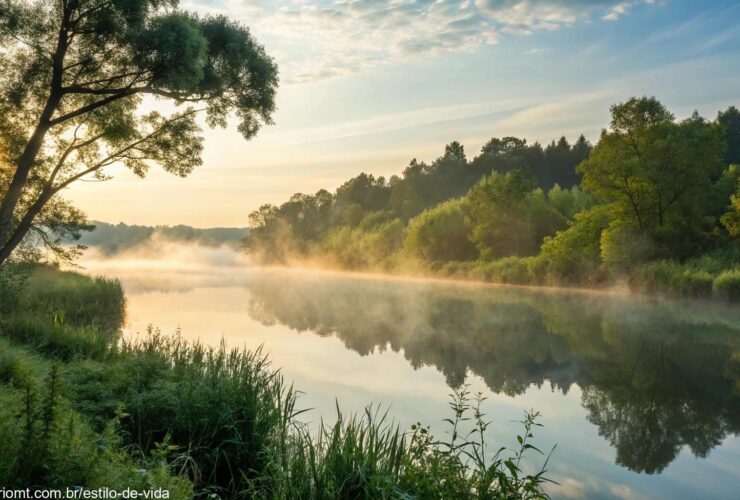 Cena pacífica de uma manhã cedo com luz suave do sol passando por árvores verdes, um rio calmo refletindo o céu, névoa leve subindo, atmosfera inspiradora para um sábado abençoado