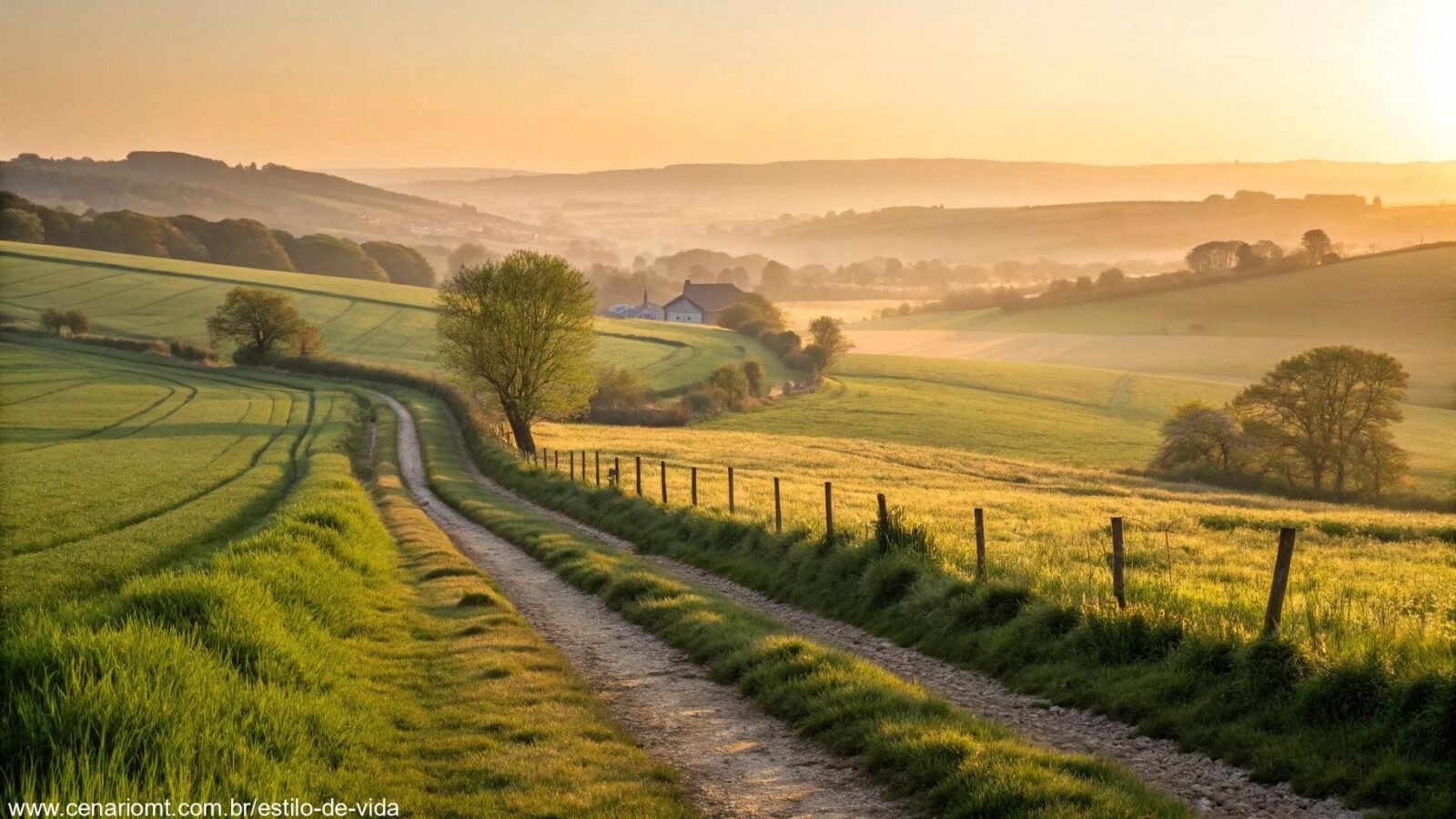 amanhecer tranquilo em um campo verde, representando uma segunda-feira abençoada com fé e esperança