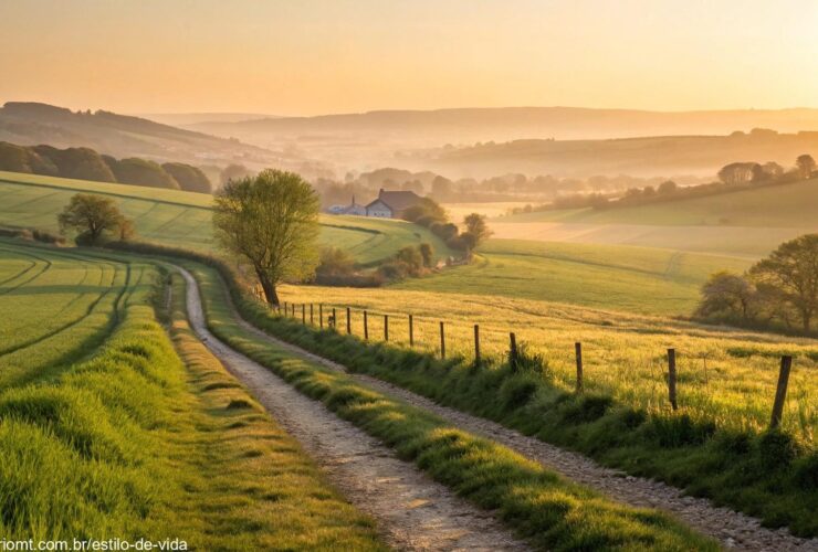 amanhecer tranquilo em um campo verde, representando uma segunda-feira abençoada com fé e esperança