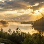 Imagem de um amanhecer sereno, com luz dourada refletindo no lago calmo, cercado por árvores, representando um início positivo para uma segunda-feira abençoada