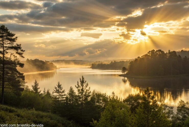 Imagem de um amanhecer sereno, com luz dourada refletindo no lago calmo, cercado por árvores, representando um início positivo para uma segunda-feira abençoada