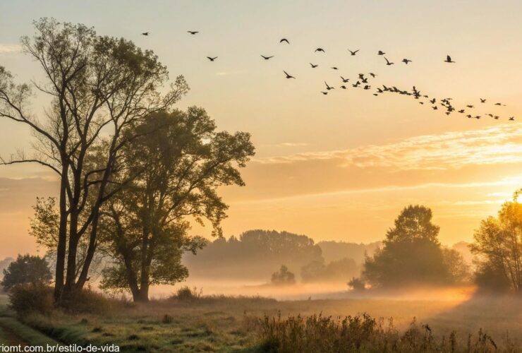 Amanhecer tranquilo com luz dourada iluminando uma paisagem rural na sexta-feira abençoada
