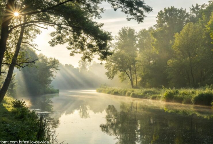 Paisagem tranquila de manhã com raios de sol iluminando as árvores e um rio calmo, refletindo uma energia positiva para uma sexta-feira abençoada.