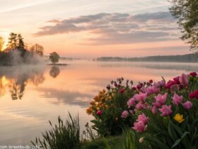 Nascer do sol tranquilo sobre um lago calmo com luz quente suave, névoa leve subindo, flores vibrantes de primavera em primeiro plano, atmosfera serena e cheia de esperança
