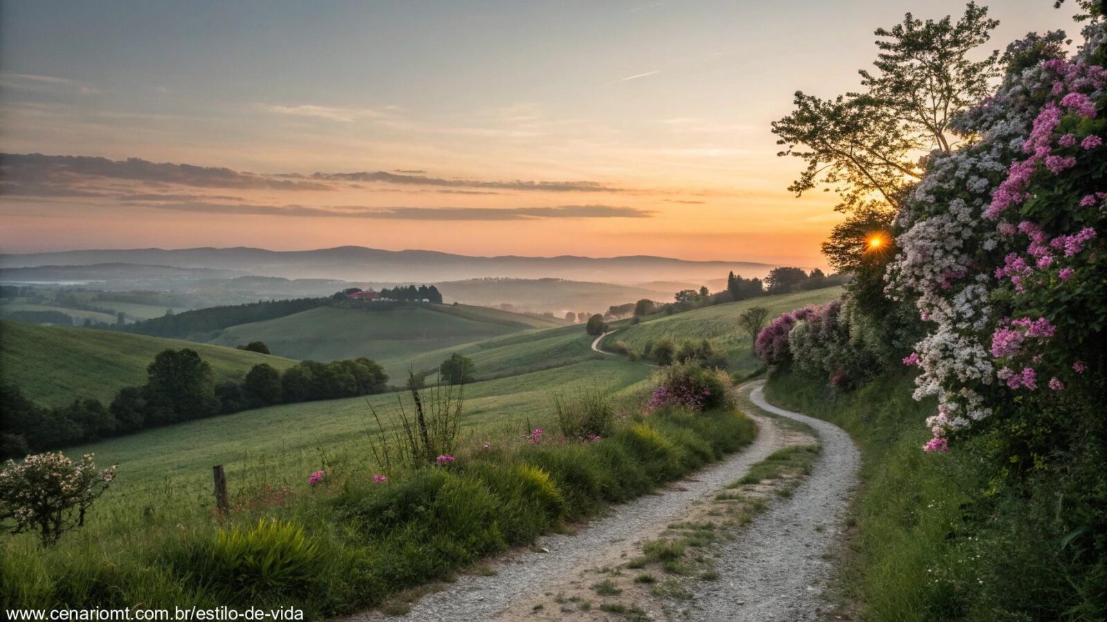 Imagem de um nascer do sol tranquilo sobre o campo, representando paz, fé e esperança para esta terça-feira
