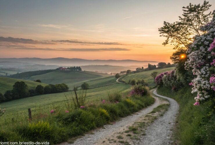 Imagem de um nascer do sol tranquilo sobre o campo, representando paz, fé e esperança para esta terça-feira