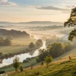 Uma paisagem tranquila pela manhã com luz suave e uma atmosfera calma, simbolizando um começo abençoado e positivo para o dia, ideal para uma mensagem de bom dia na terça-feira.