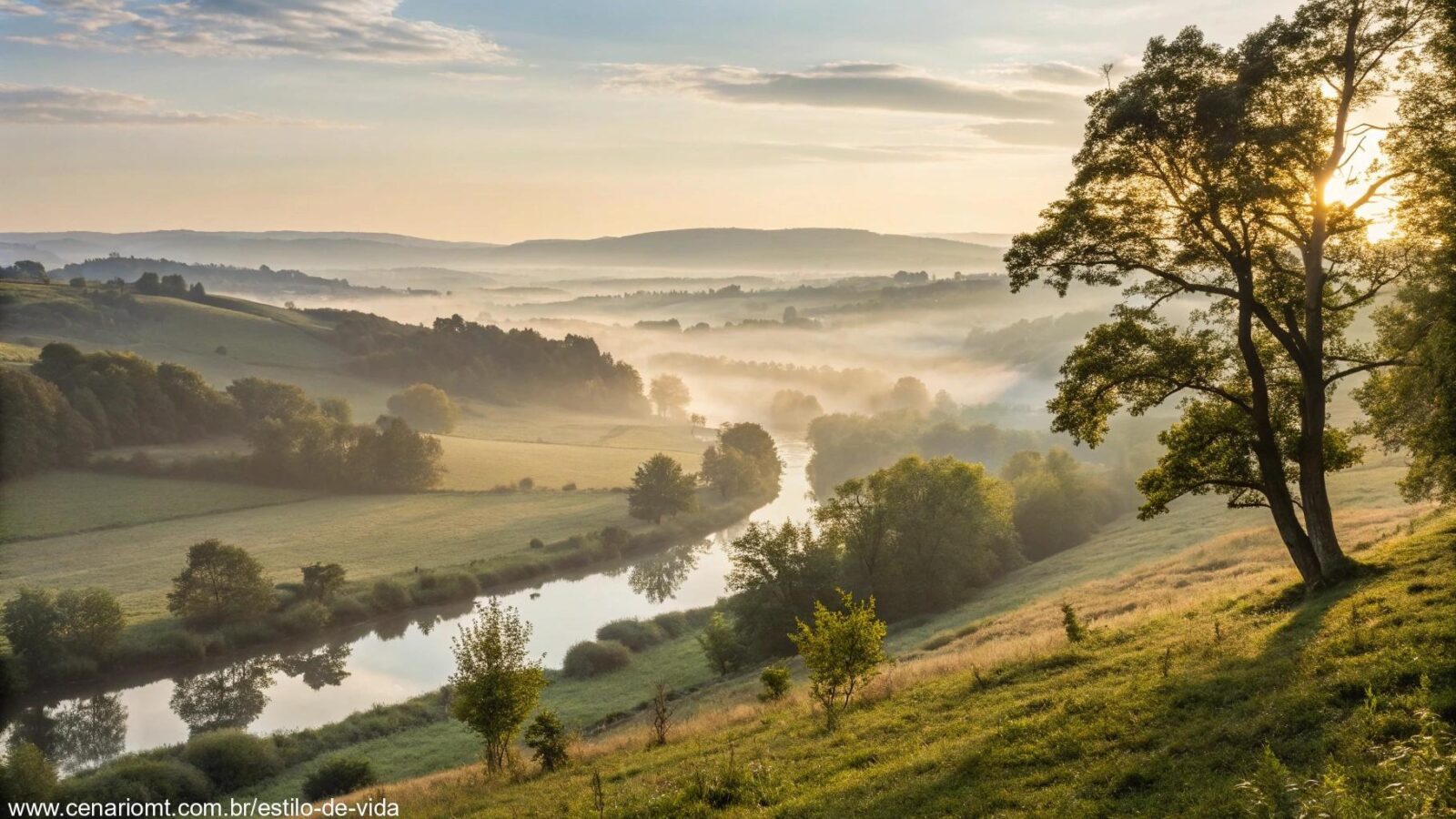 Uma paisagem tranquila pela manhã com luz suave e uma atmosfera calma, simbolizando um começo abençoado e positivo para o dia, ideal para uma mensagem de bom dia na terça-feira.