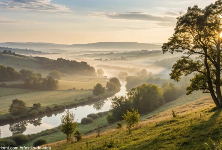 Uma paisagem tranquila pela manhã com luz suave e uma atmosfera calma, simbolizando um começo abençoado e positivo para o dia, ideal para uma mensagem de bom dia na terça-feira.