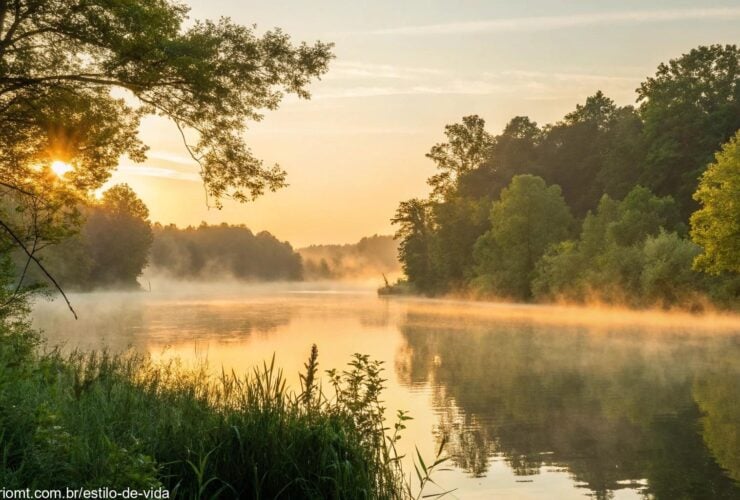 um nascer do sol sereno sobre um lago calmo com luz dourada suave filtrando através de árvores verdes exuberantes, uma névoa gentil subindo da água, criando uma atmosfera matinal pacífica e abençoada