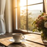 Cena tranquila de bom dia com luz suave da manhã, café e flores para alegrar a terça-feira 06/05/2025