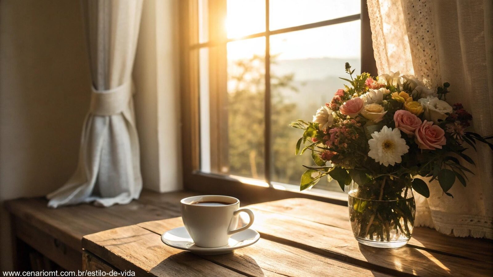 Cena tranquila de bom dia com luz suave da manhã, café e flores para alegrar a terça-feira 06/05/2025