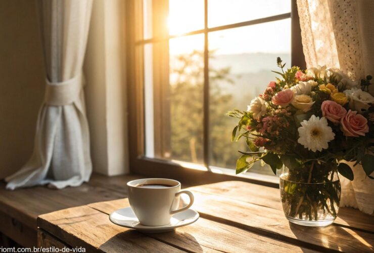 Cena tranquila de bom dia com luz suave da manhã, café e flores para alegrar a terça-feira 06/05/2025