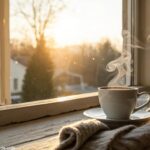 Imagem de uma cena de manhã tranquila com uma xícara de café e luz suave entrando pela janela, evocando uma sensação de carinho para um domingo.